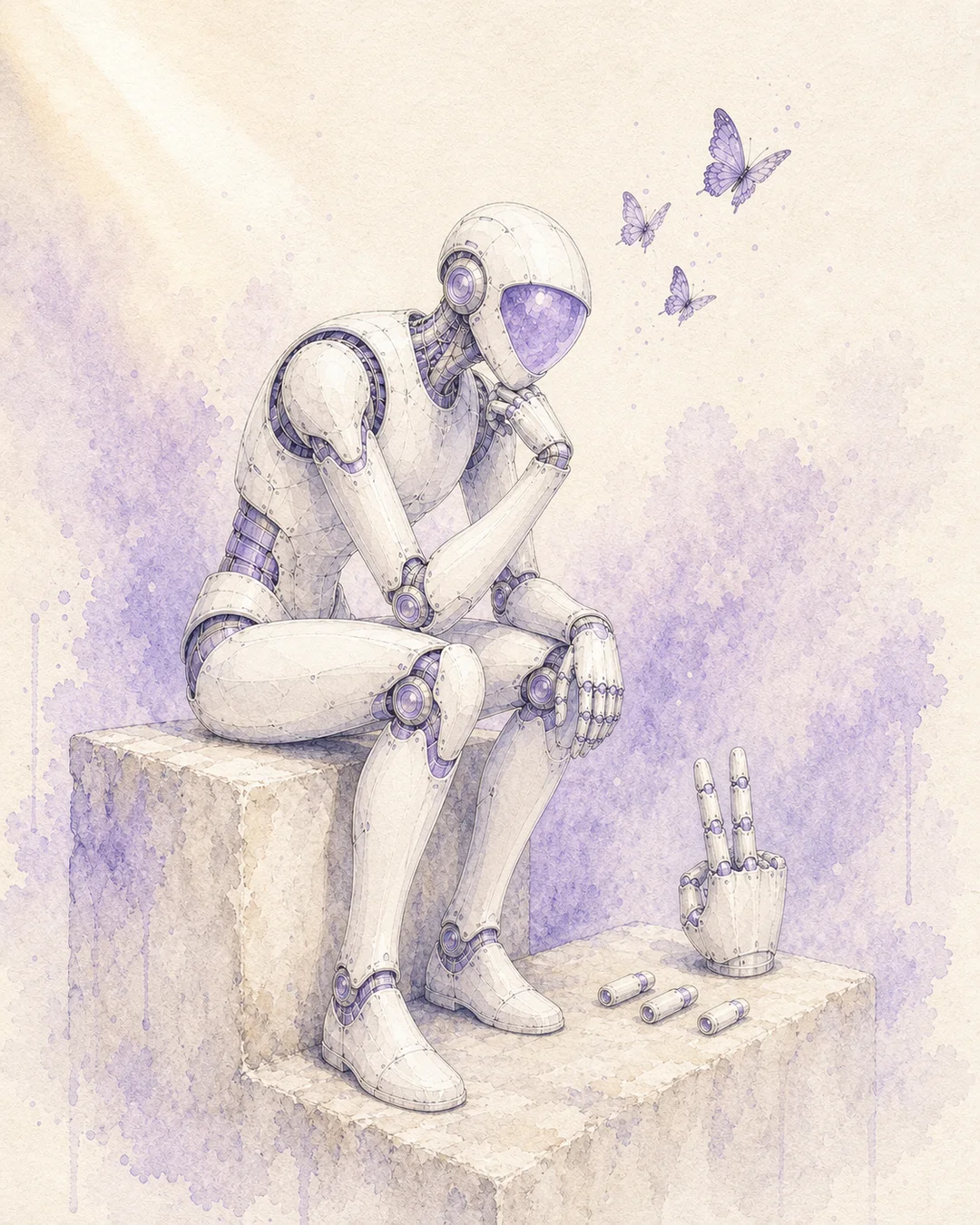 Porcelain robot in The Thinker pose, watercolor